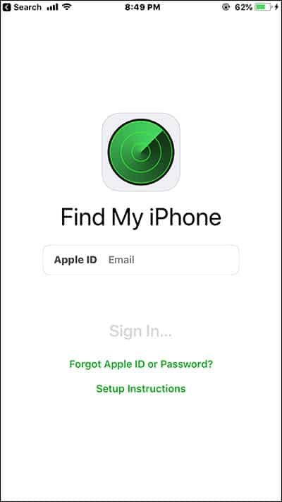 Open Find iPhone App on iPhone and enter Apple ID and Password